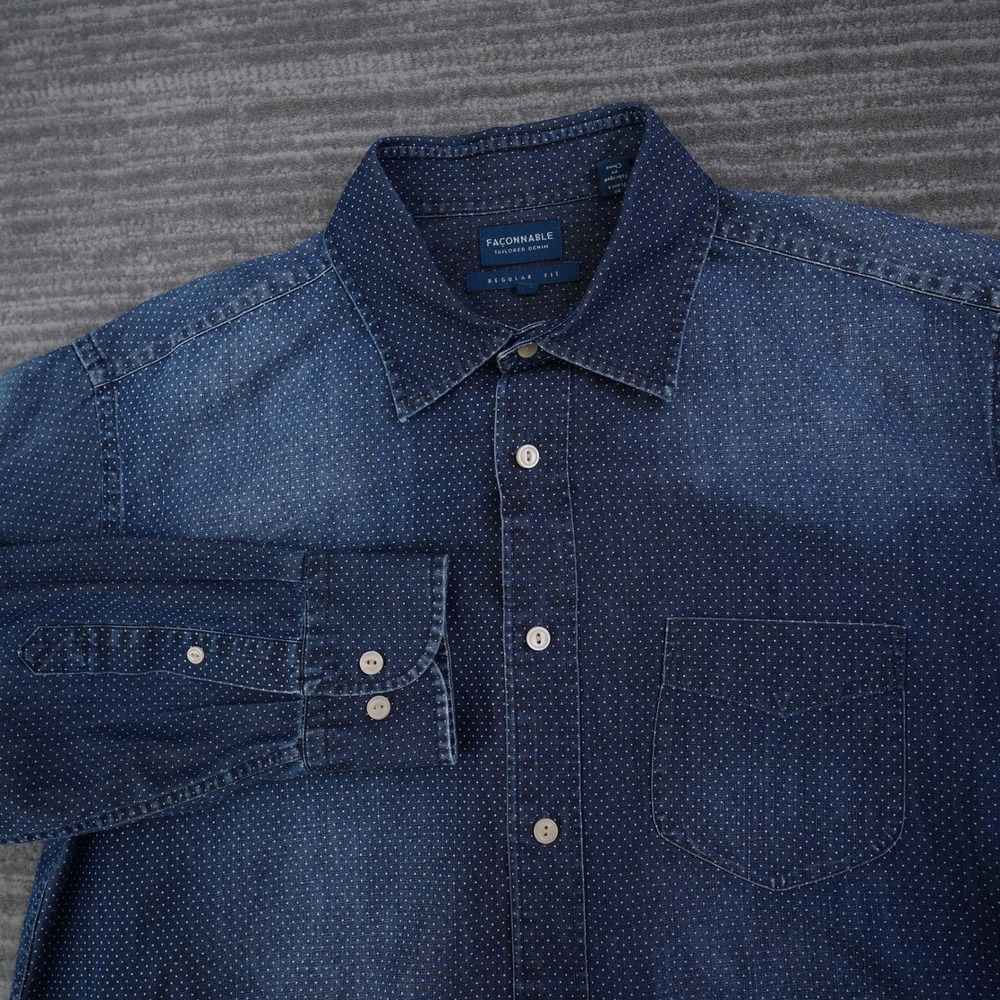 Faconnable Tailored Denim Shirt Men Large Blue Polka Dot Regular Fit Long Sleeve